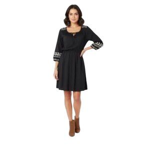 Old Navy Black Embroidered Boho Dress Tie Neck 3/4 Sleeve Women's size M